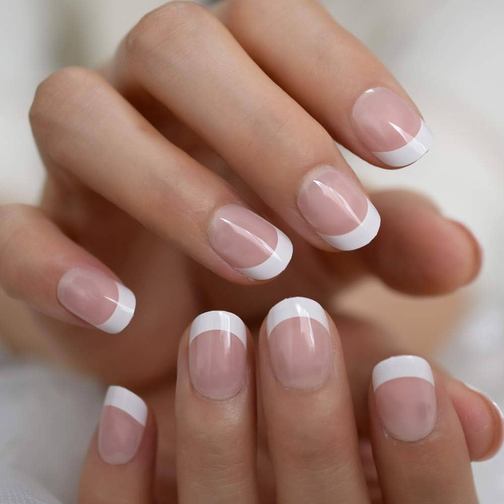 Amazon.Com : Nude Pink French Nail Round Shape White Tip Gel Fantasy Smaile  Line Press On Nails Short Size Manicure Tips 24 : Beauty & Personal Care