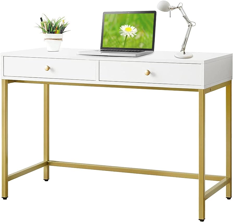 Amazon.Com: White-Vanity-Desk With 2 Drawers, White/Gold Home-Office-Desks  Glossy Desktop Makeup-Vanity-Table Modern Writing Computer Standing Desk  With Wood Top And Metal Frame For Home Office Bedroom Furniture : Home &  Kitchen